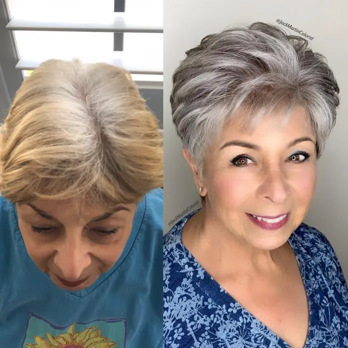 Elegant Salt and Pepper Pixie with Wispy Bangs