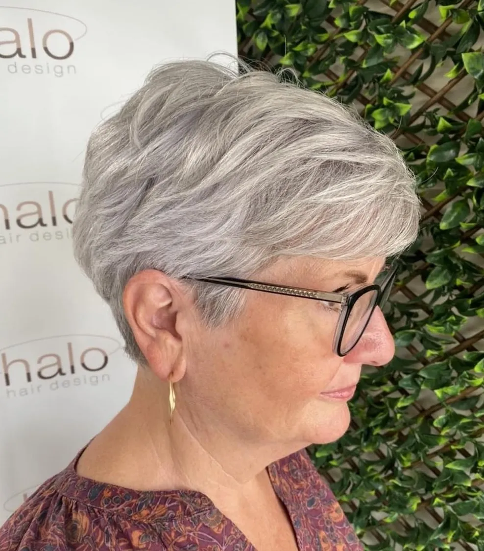 Layered Short Gray Hair with Side Swept Bangs