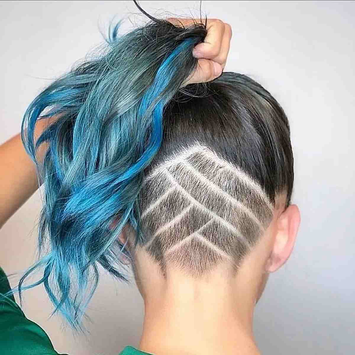 blue hair undercut with nape design