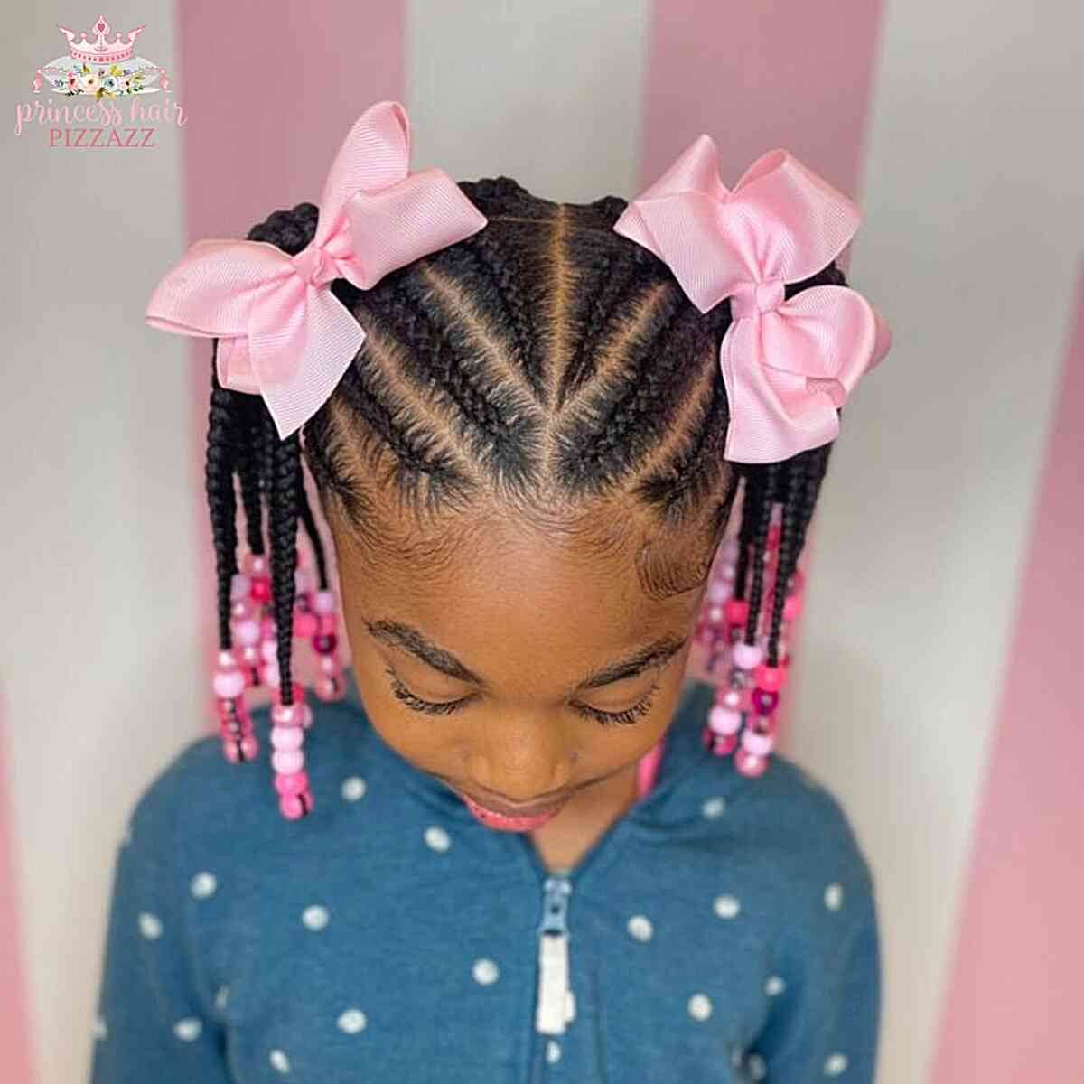 braided pigtails with pink hair accessories for cute black children