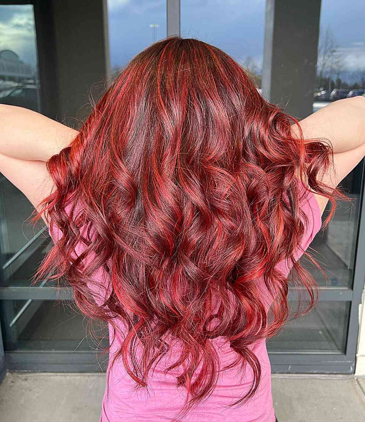 bright merlot red foilayage for dark brown hair