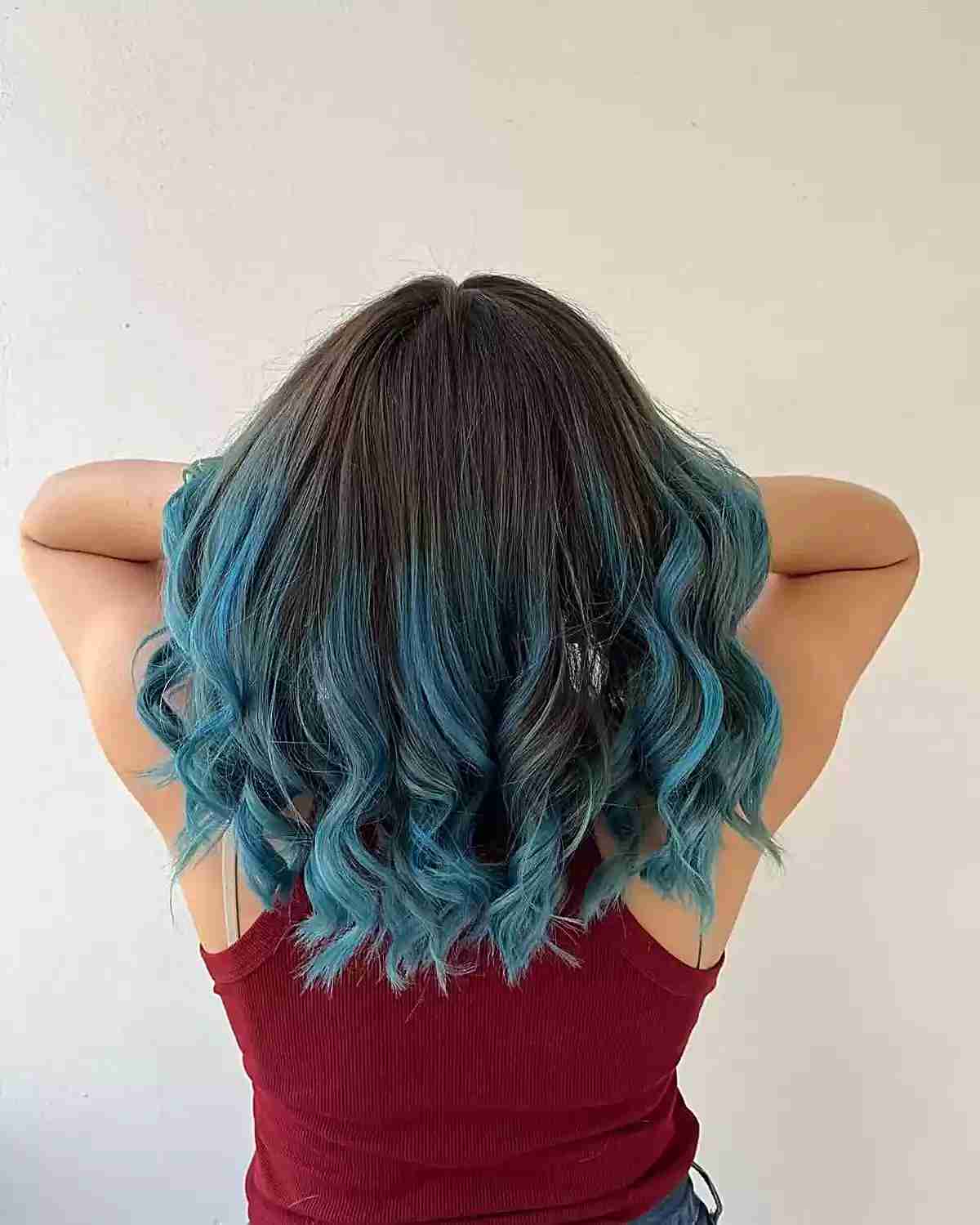 brunette balayage with saturated blue tips