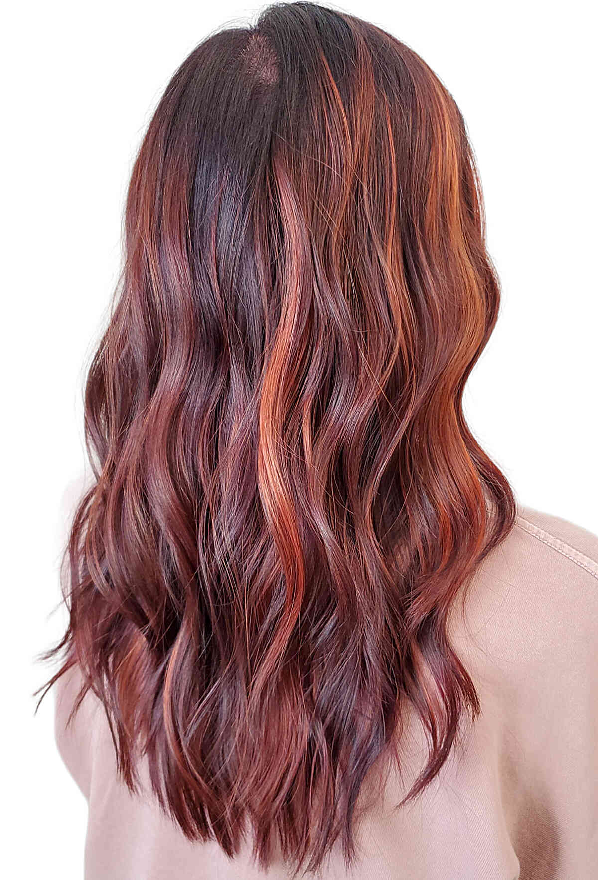 chocolate cherry swirls with mid length balayage waves