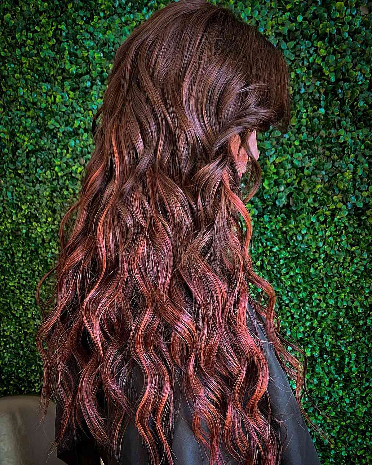 copper brown to red balayge ombre waves