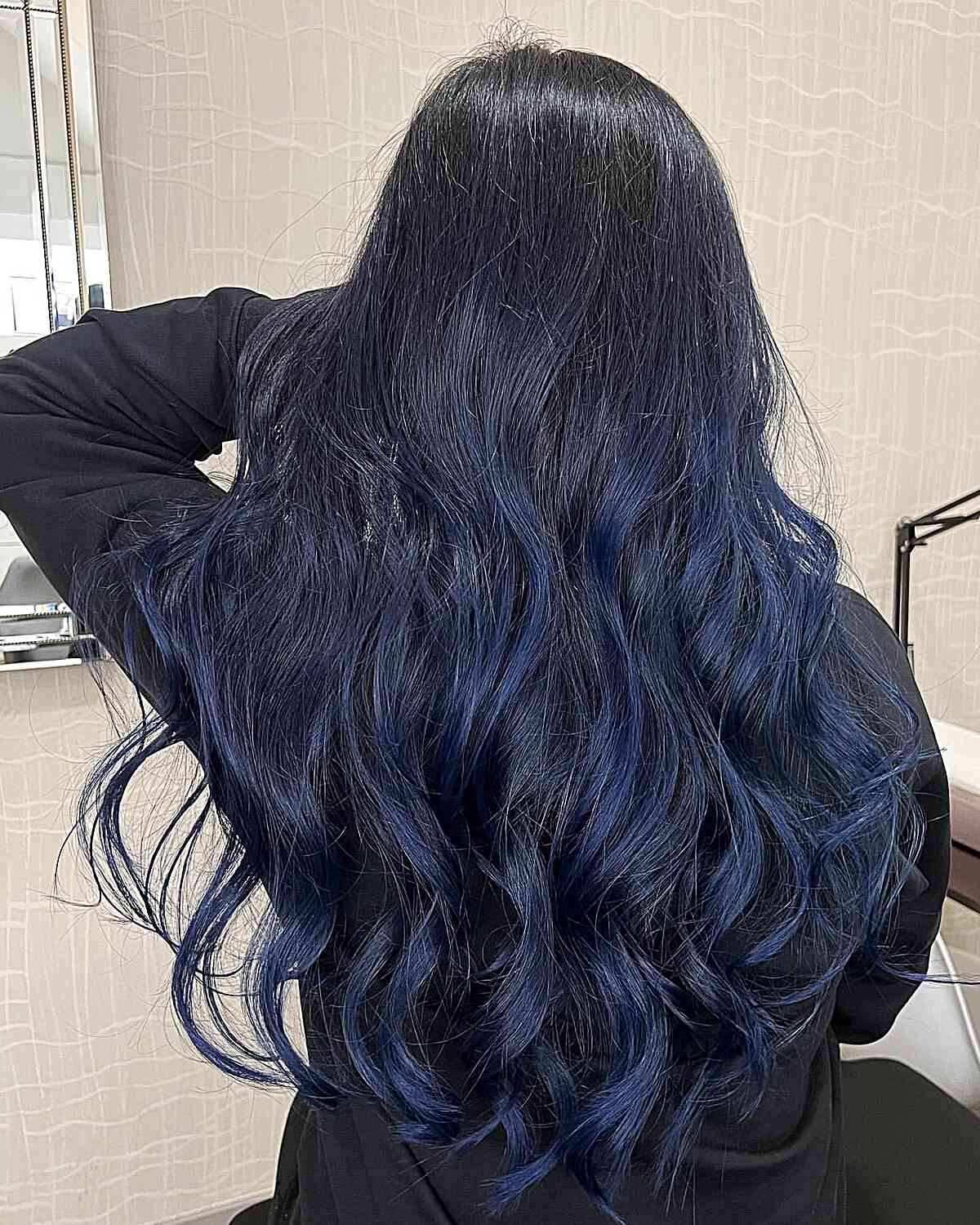 deep blue balayage streaks for long length black hair