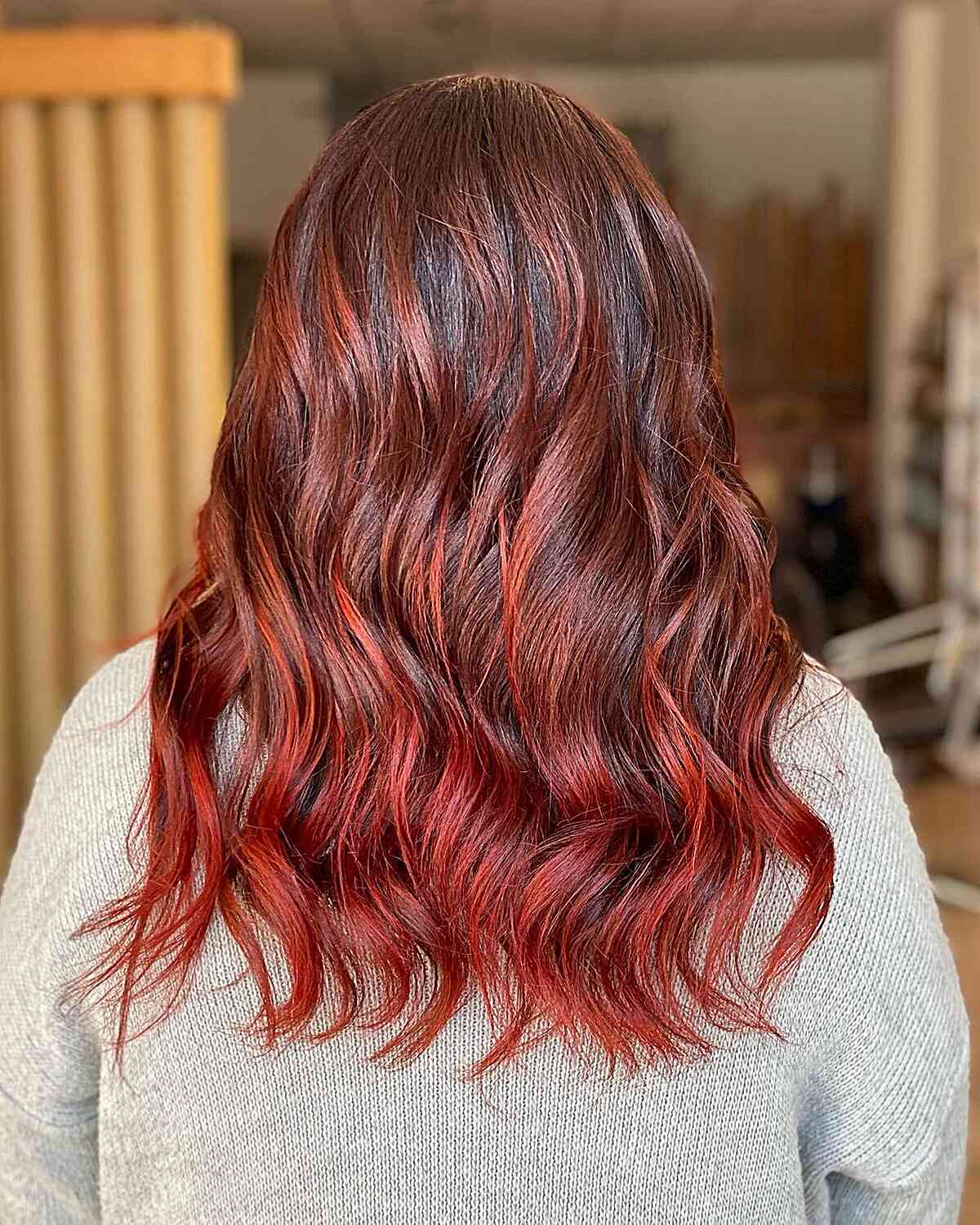 deep orange red balayage highlights for medium brunette hair