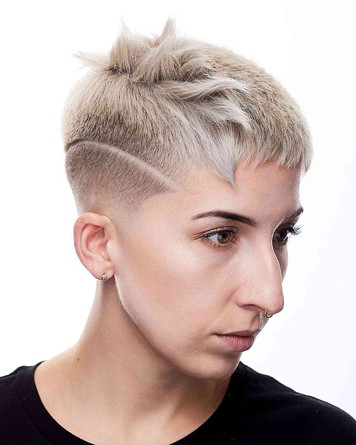 edgy disconnected pixie with an undercut and shaved line