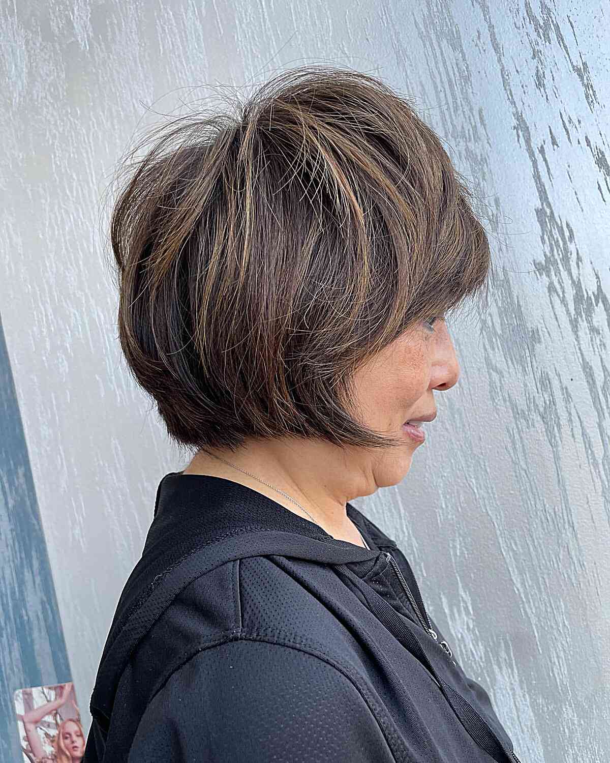 jaw length straight shaggy bob with crown layers for mature women over 60