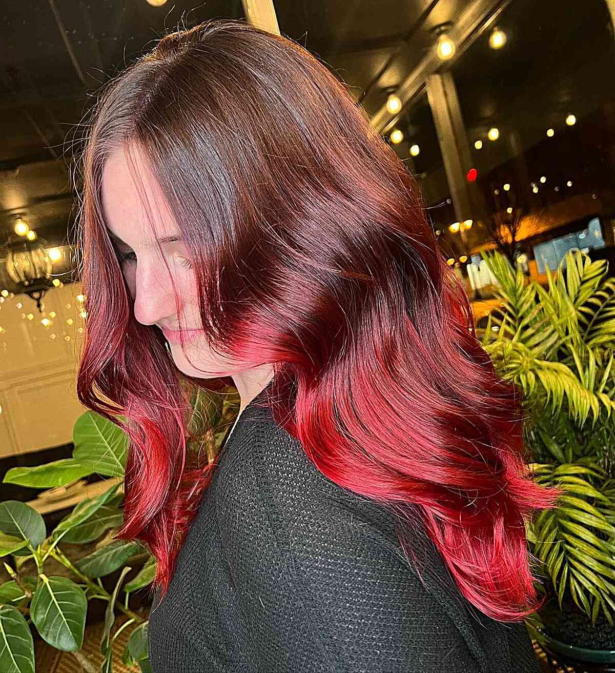 light brown with bold red balayage hair ends