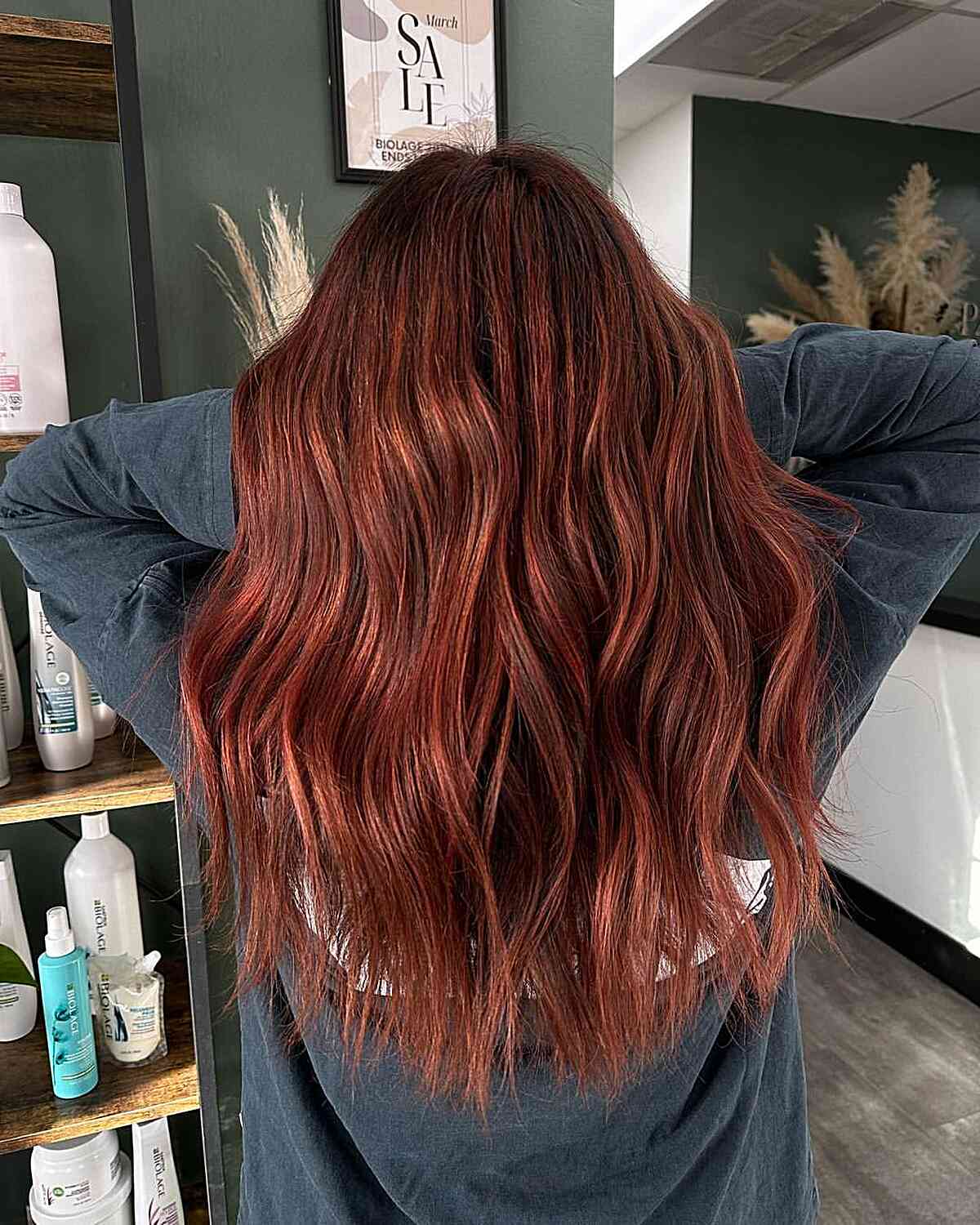 long brownish cherry red balayage hair