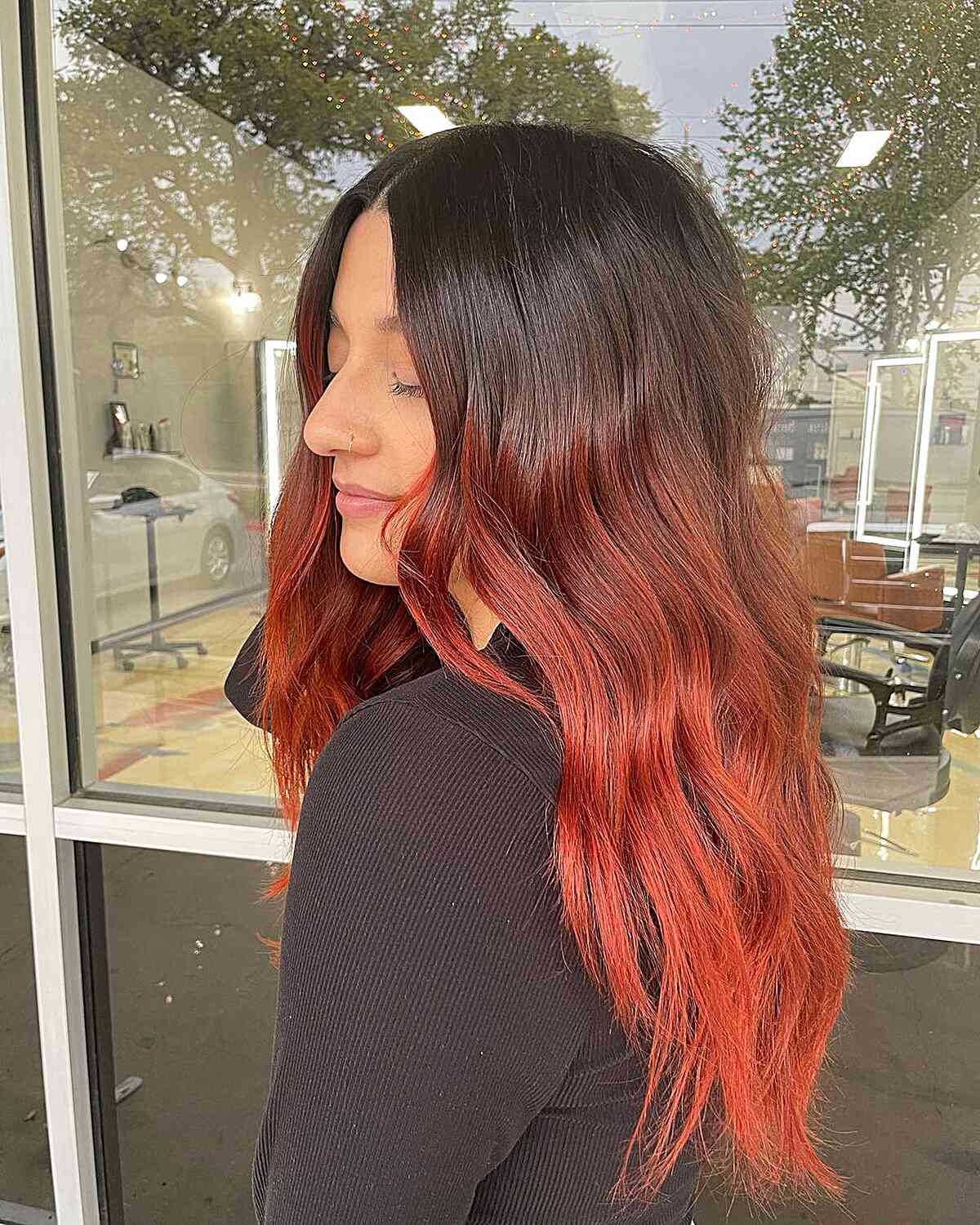 melted dark brown to cherry red balayage ombre