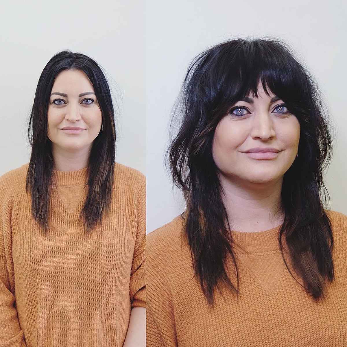 mid length shag with curtain bangs for women over 40 with fine hair