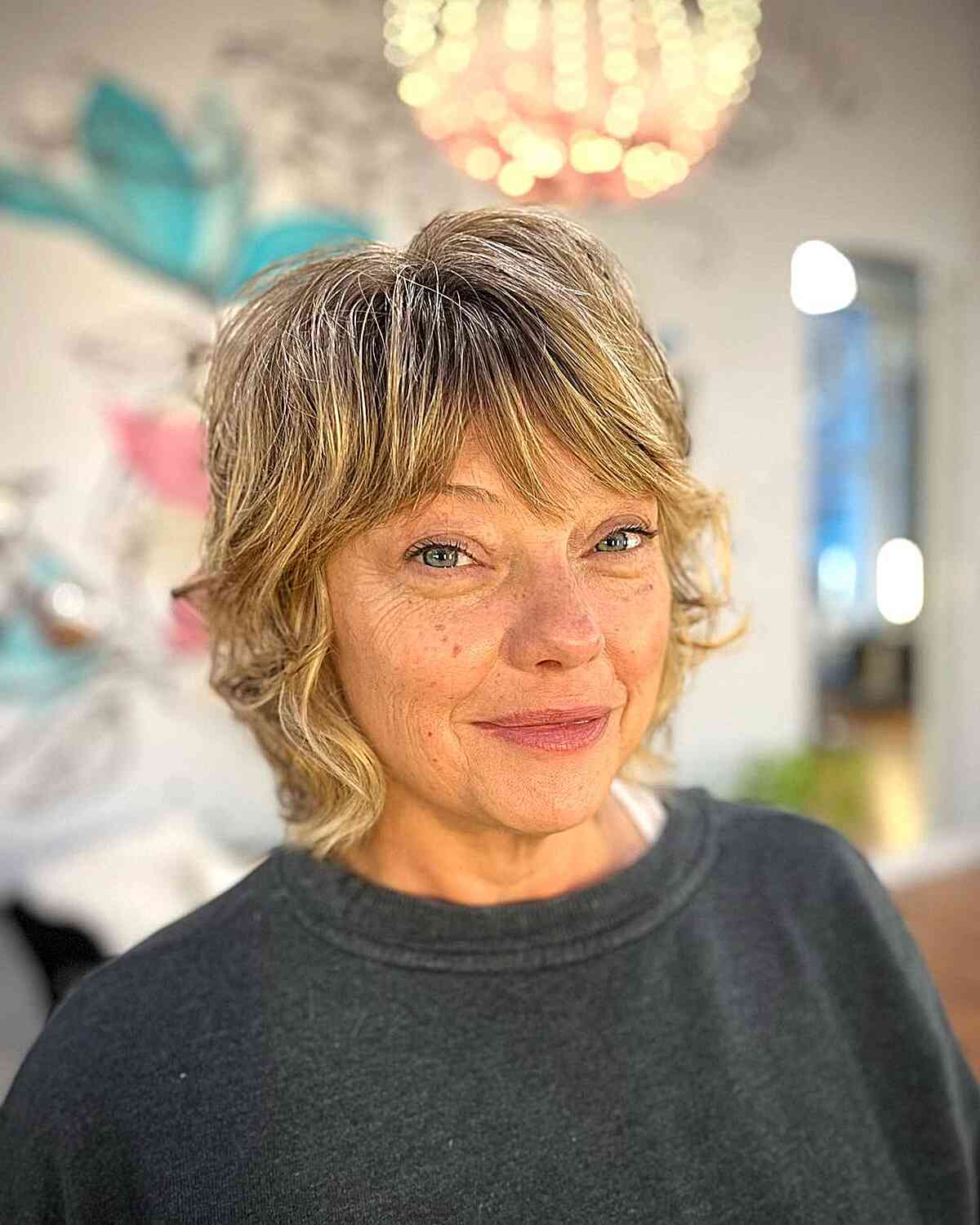 mini shag with bangs and blonde balayage for an old lady