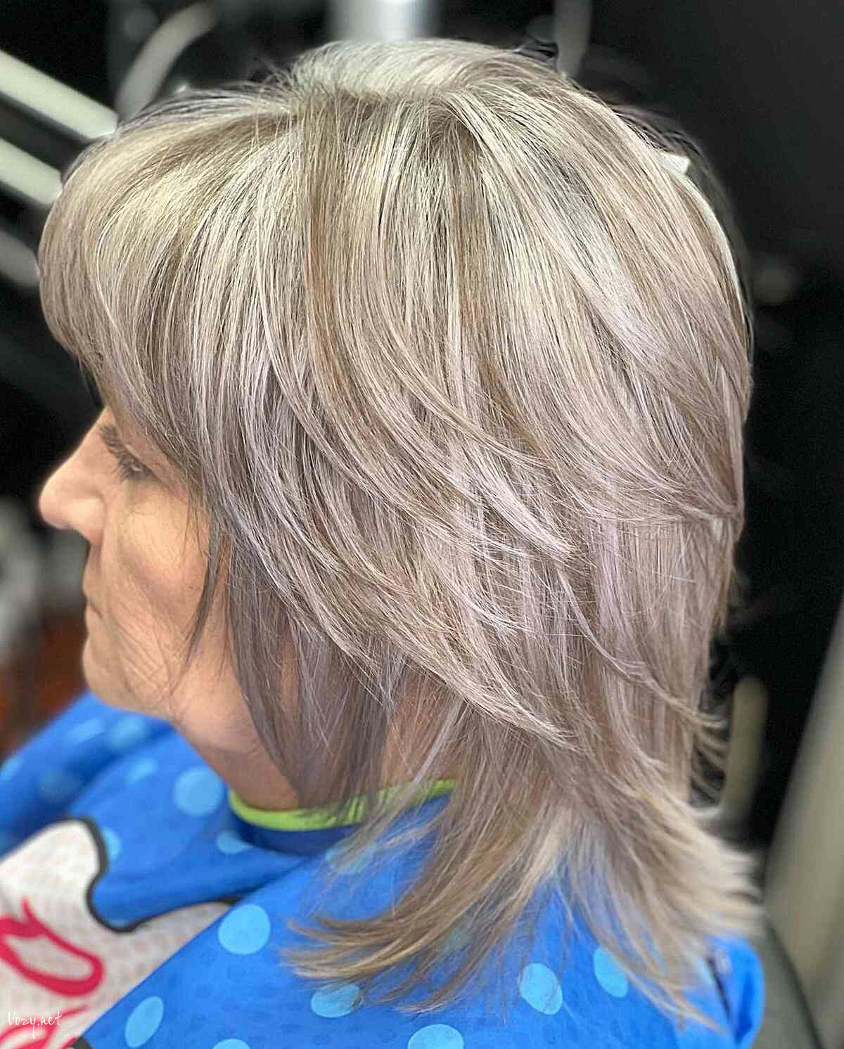 multi layered straight haircut with silver highlights for older ladies aged 60