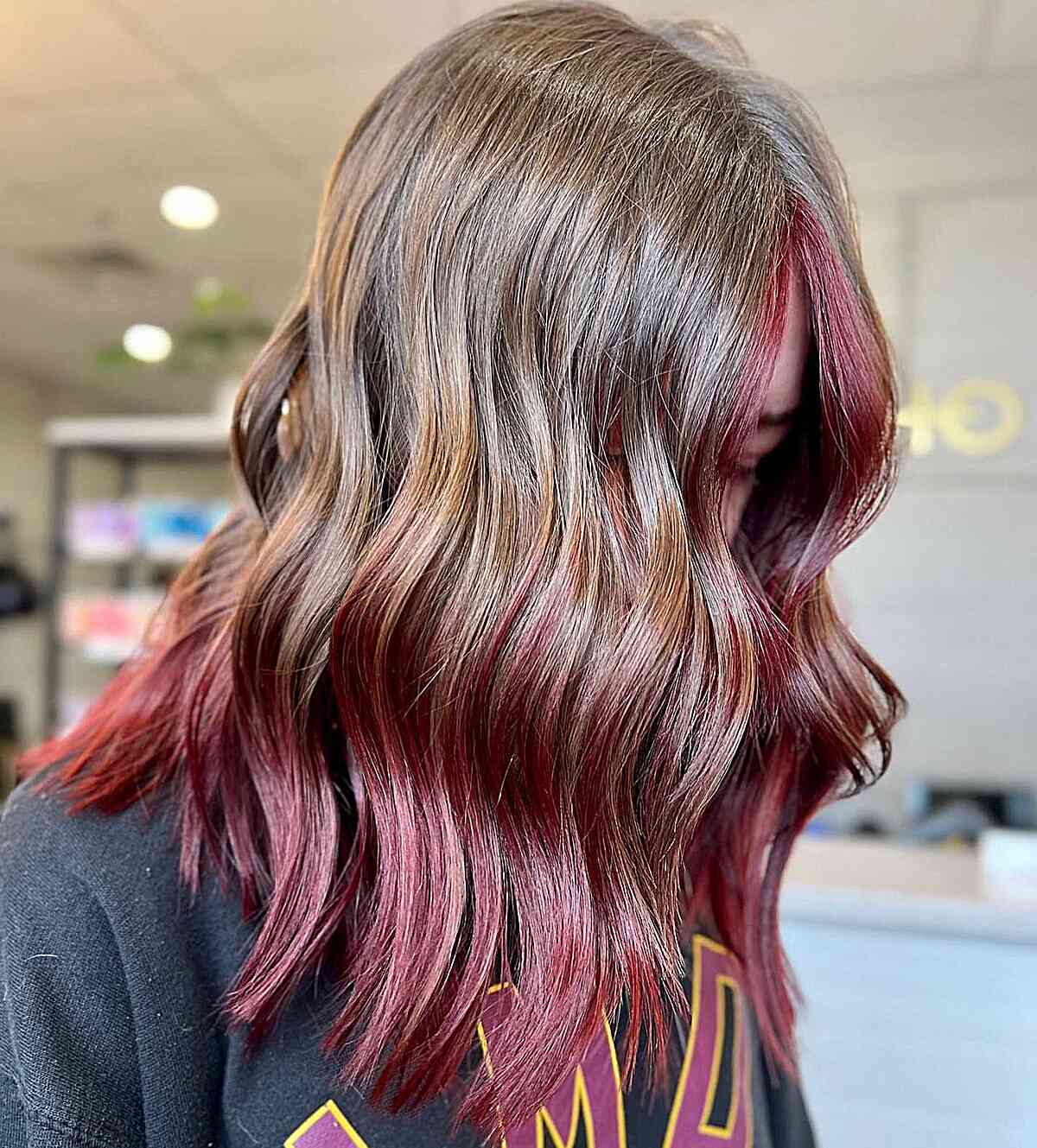 raspberry balayage swirls for medium length light brunette hair