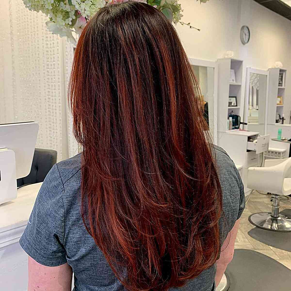 rosewood red chunky balayage highlights for long dark brown hair