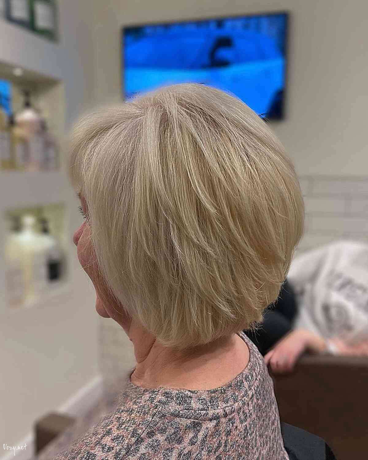 sandy blonde inverted featherd bob with wispy layers for ladies over 60