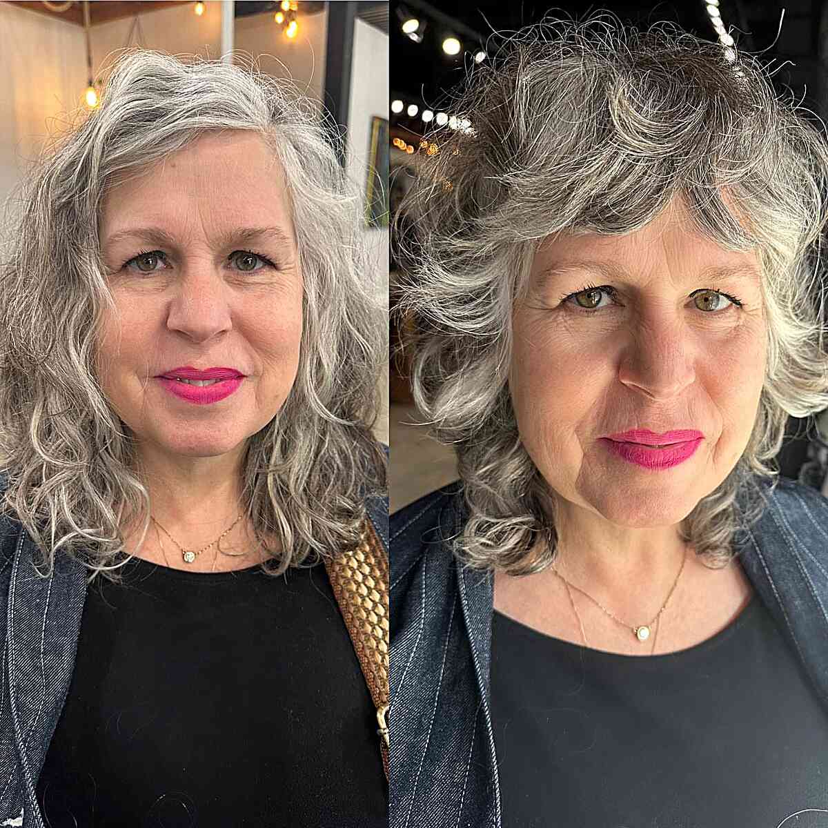 shaggy salt and pepper short hair with feathery layers and bangs for old ladies
