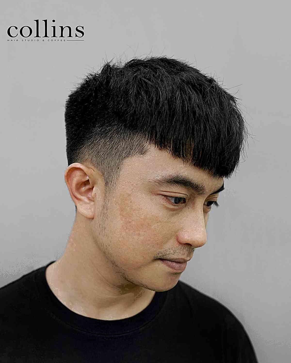 short choppy edgar cut with thick fringe for gentlemen