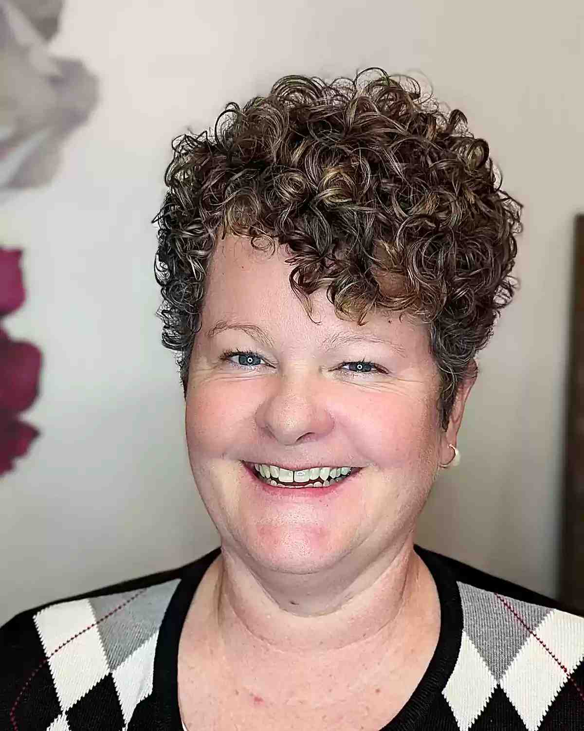 short curly hair with side swept bangs for older ladies