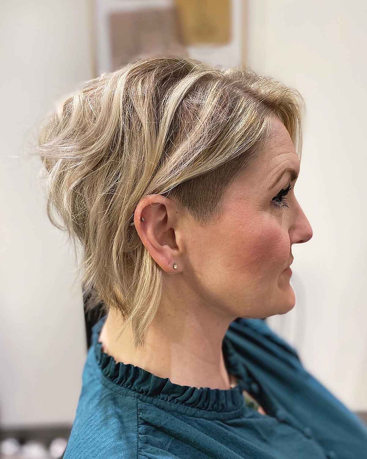 textured stacked bob with an undercut for women 40 and up with fine hair