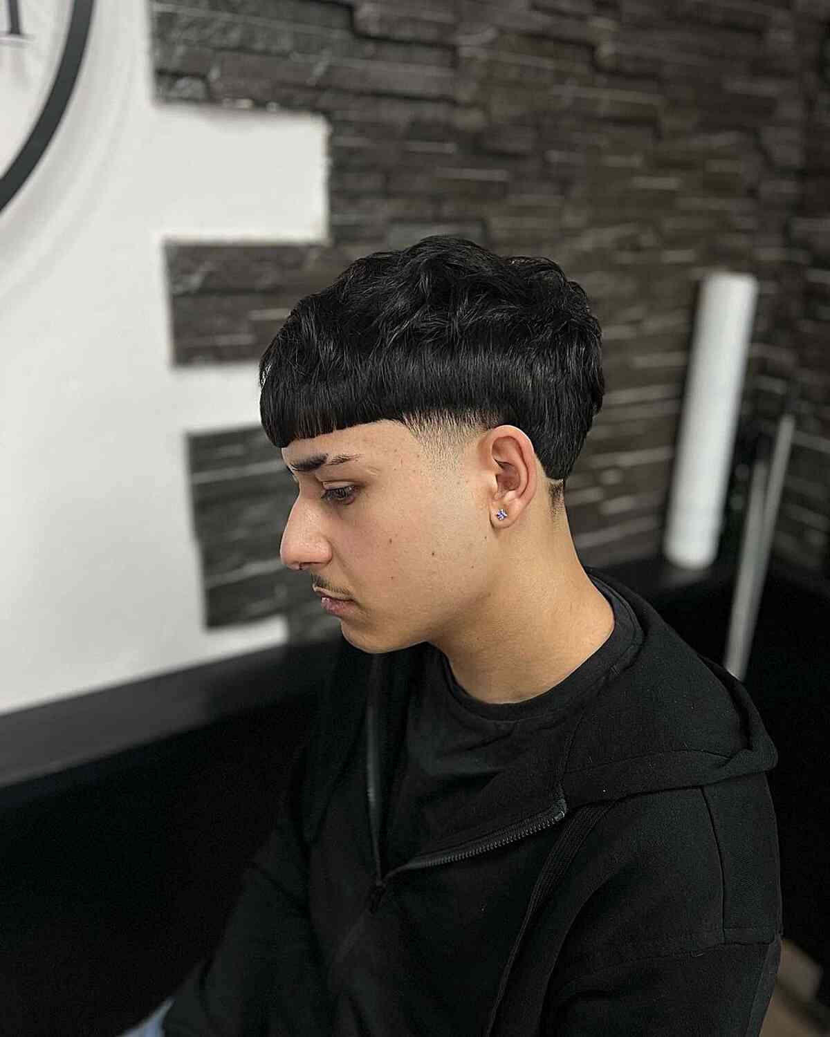 thick edgar bowl haircut with nape line for guys