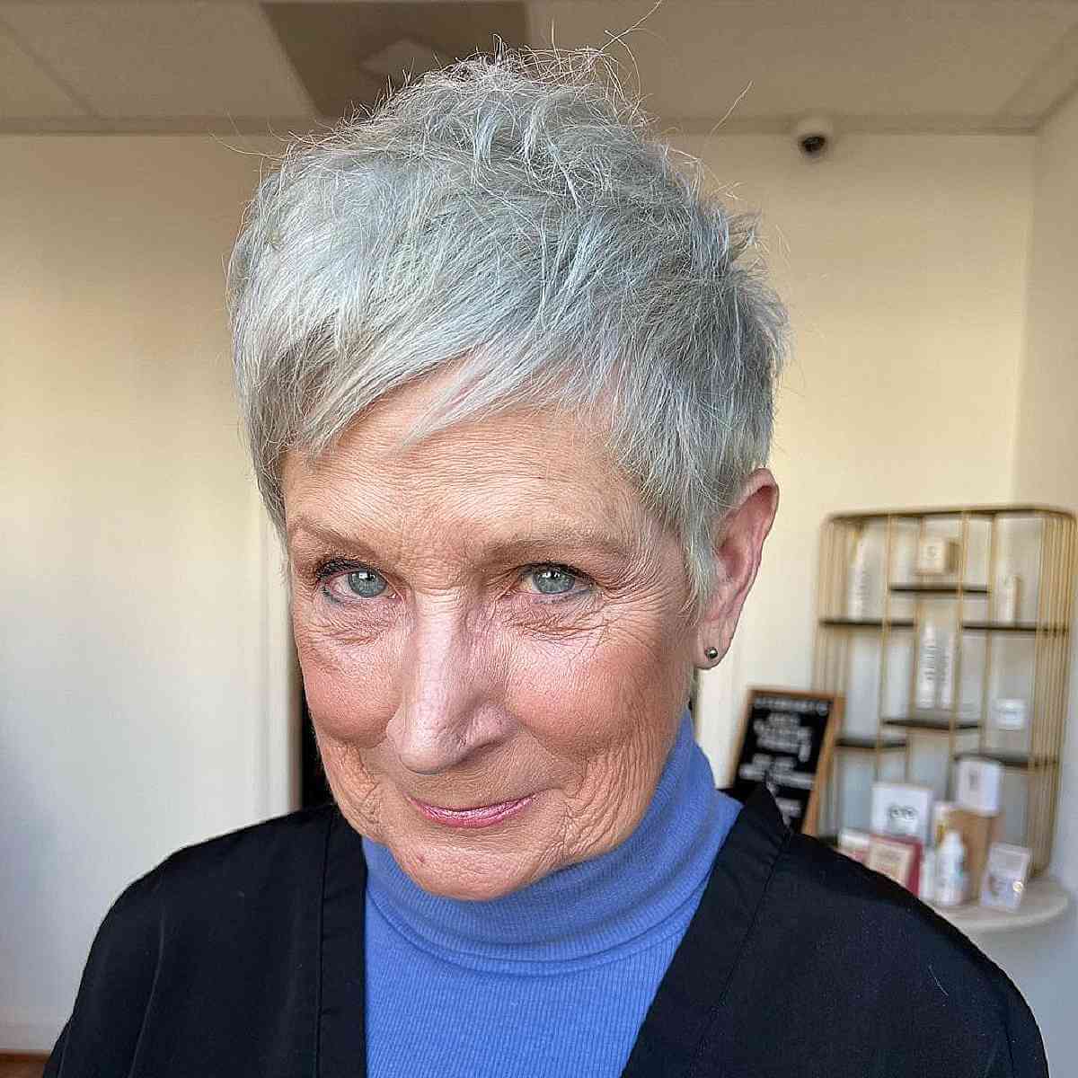 tousled silver pixie for ladies in their 70s with thin hair