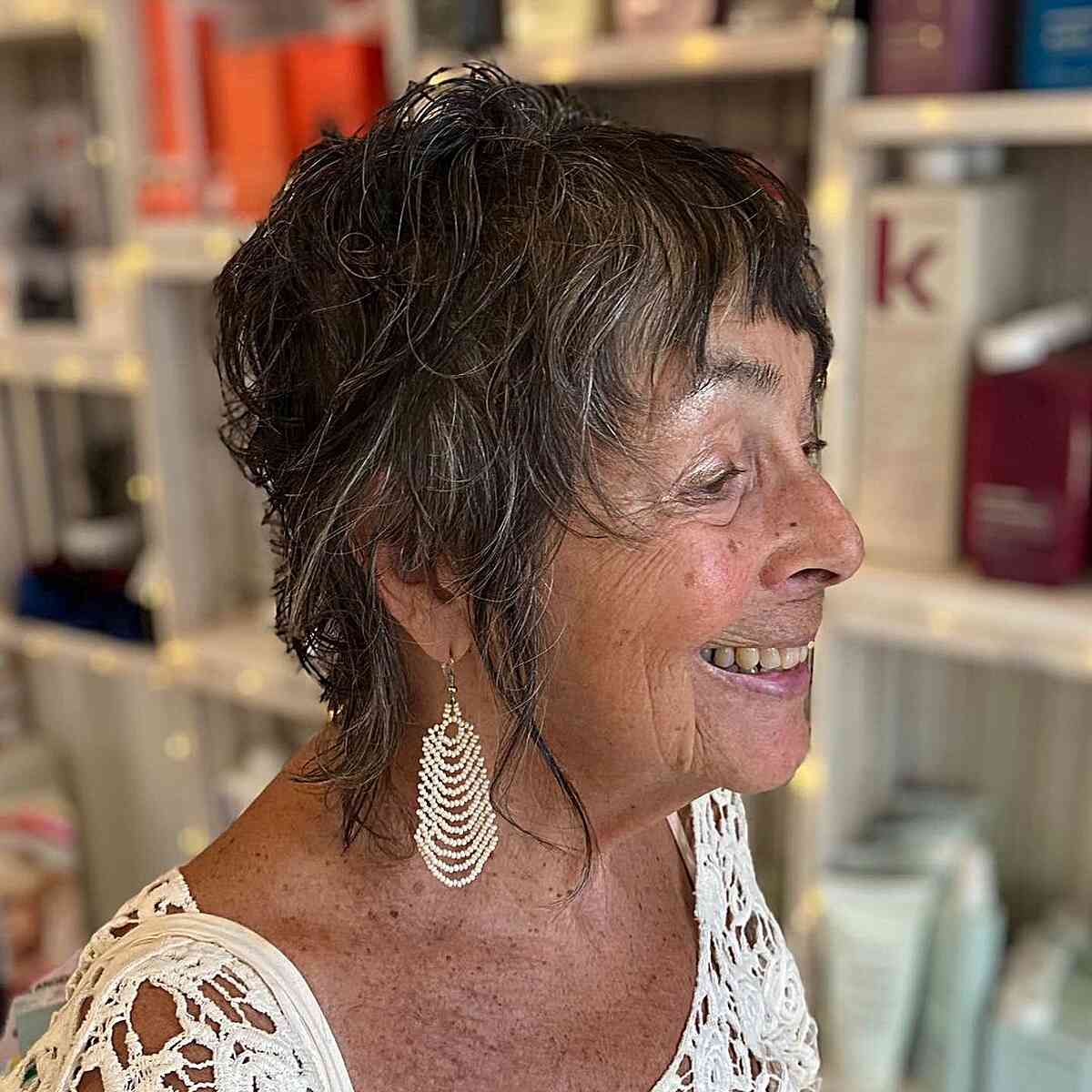 very short textured wispy mullet shag with fringe for older women