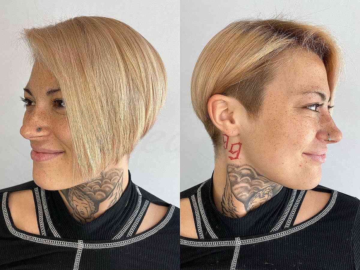warm blonde long pixie with an undercut