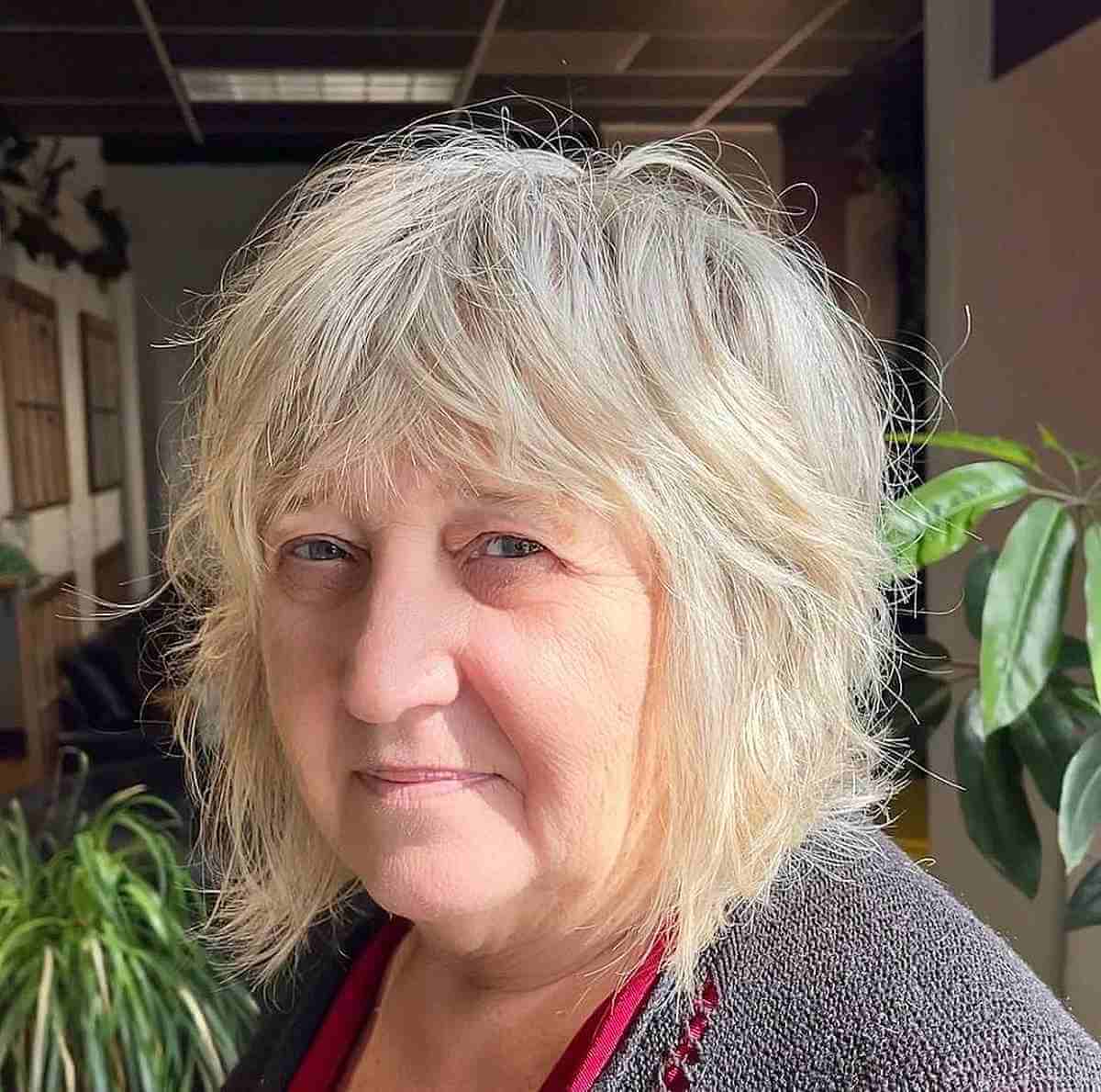 white shaggy bob with fringe for women over 70 with fine hair