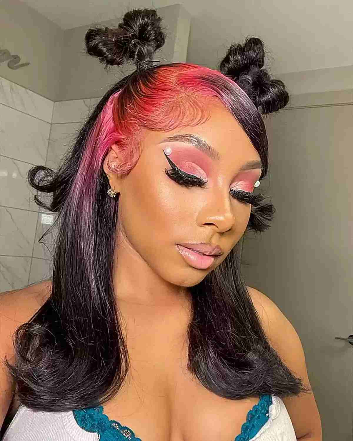 y2k mini bow buns and flipped ends