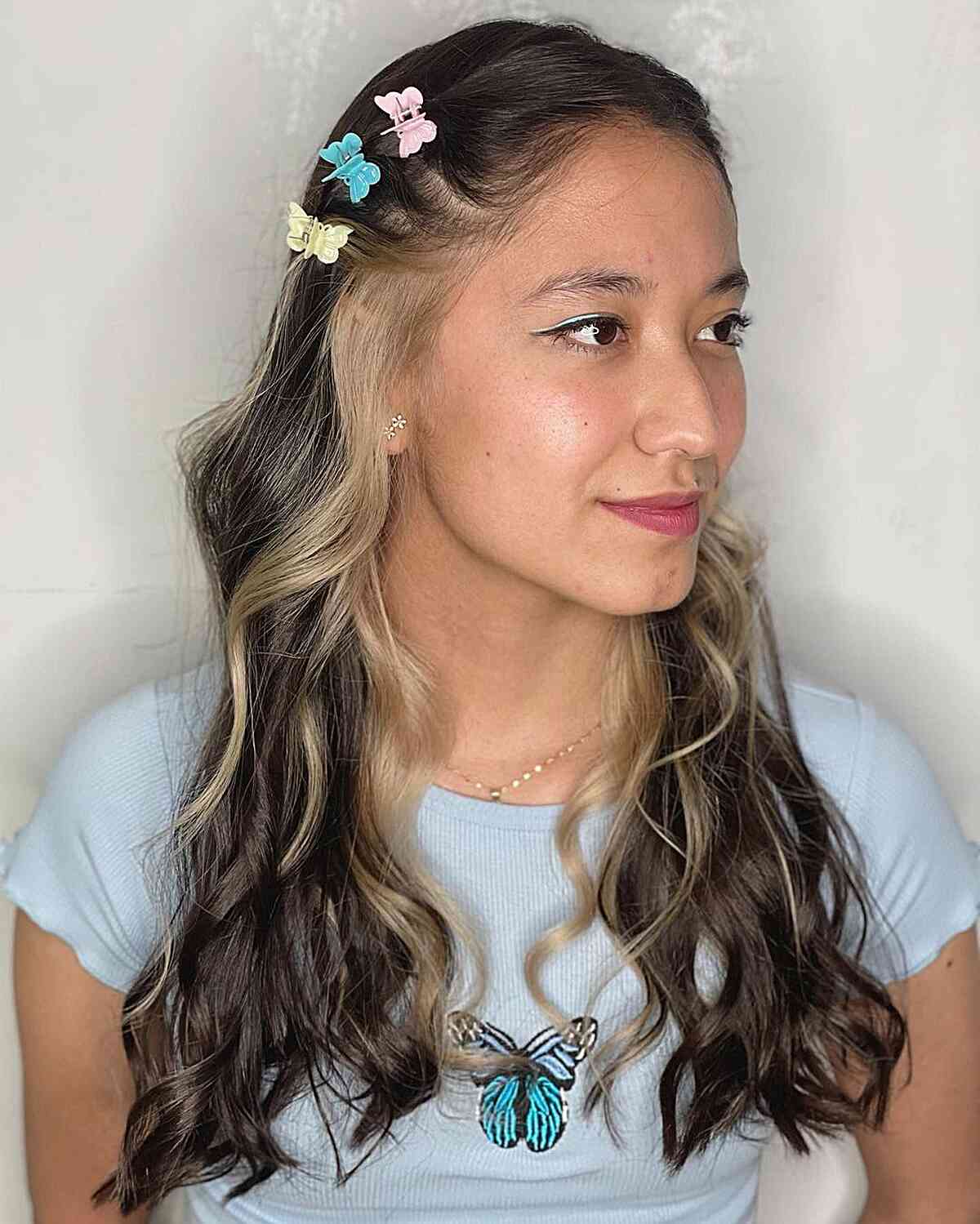 y2k two toned long waves with colorful butterfly clips
