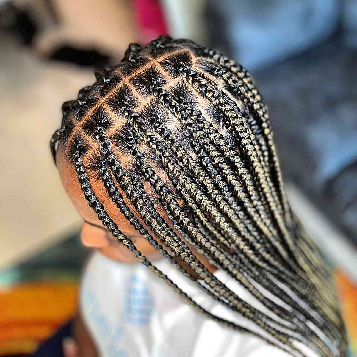 center parted small knotless black braids with hints of blonde
