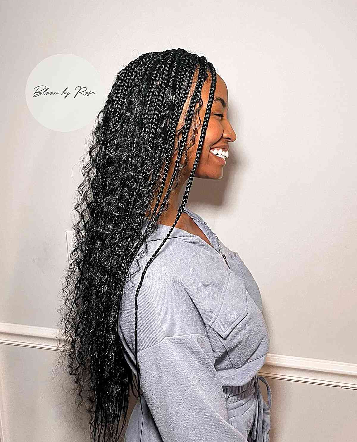 very long gypsy goddess knotless braids on black hair