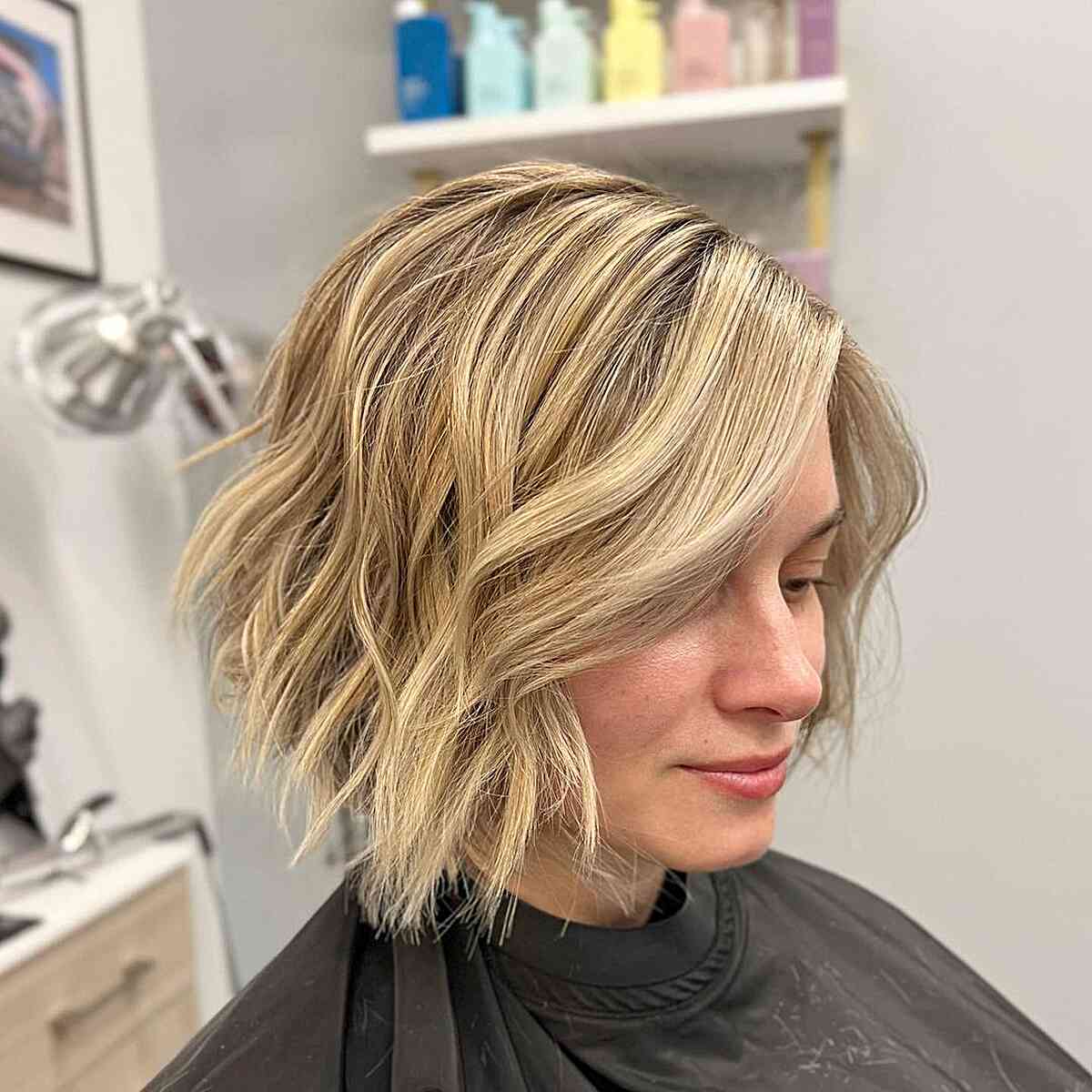 wavy short bobbed hair with long bangs