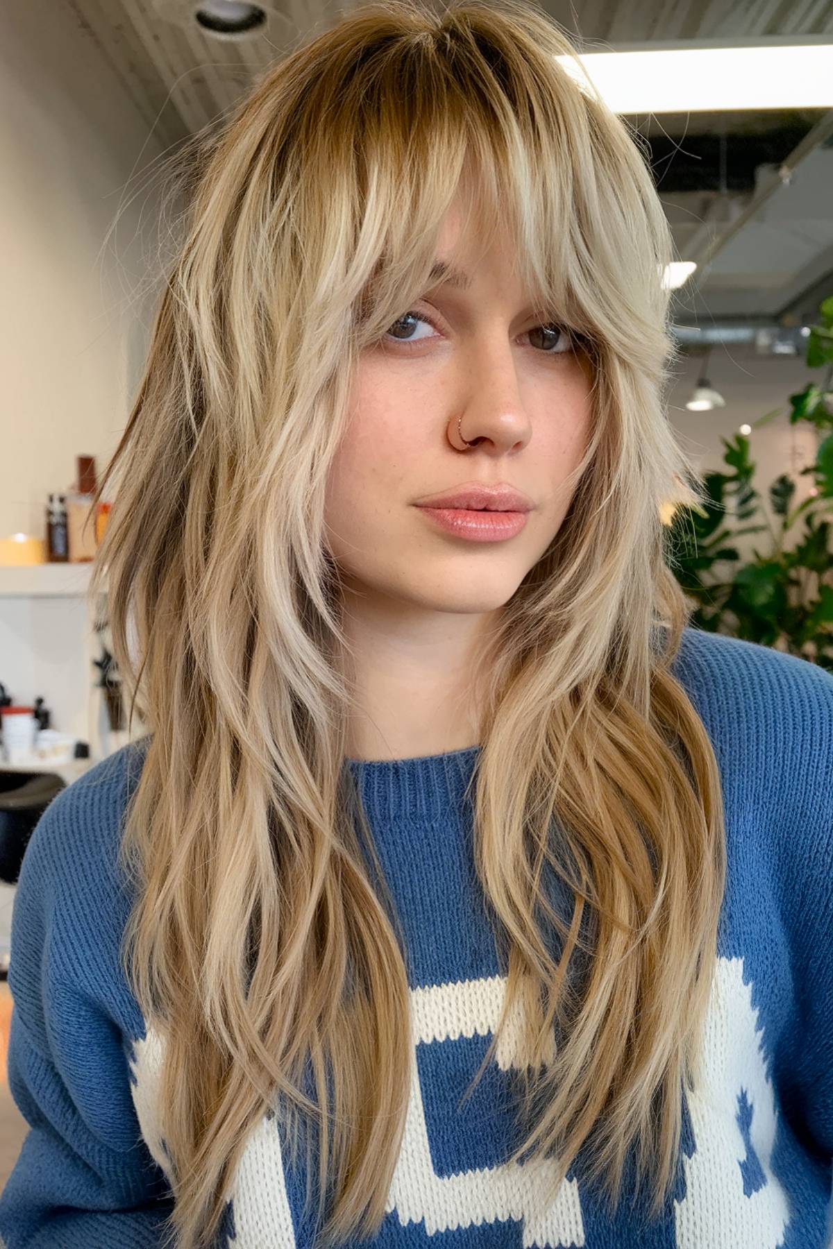 blonde long layered shag haircut fine hair