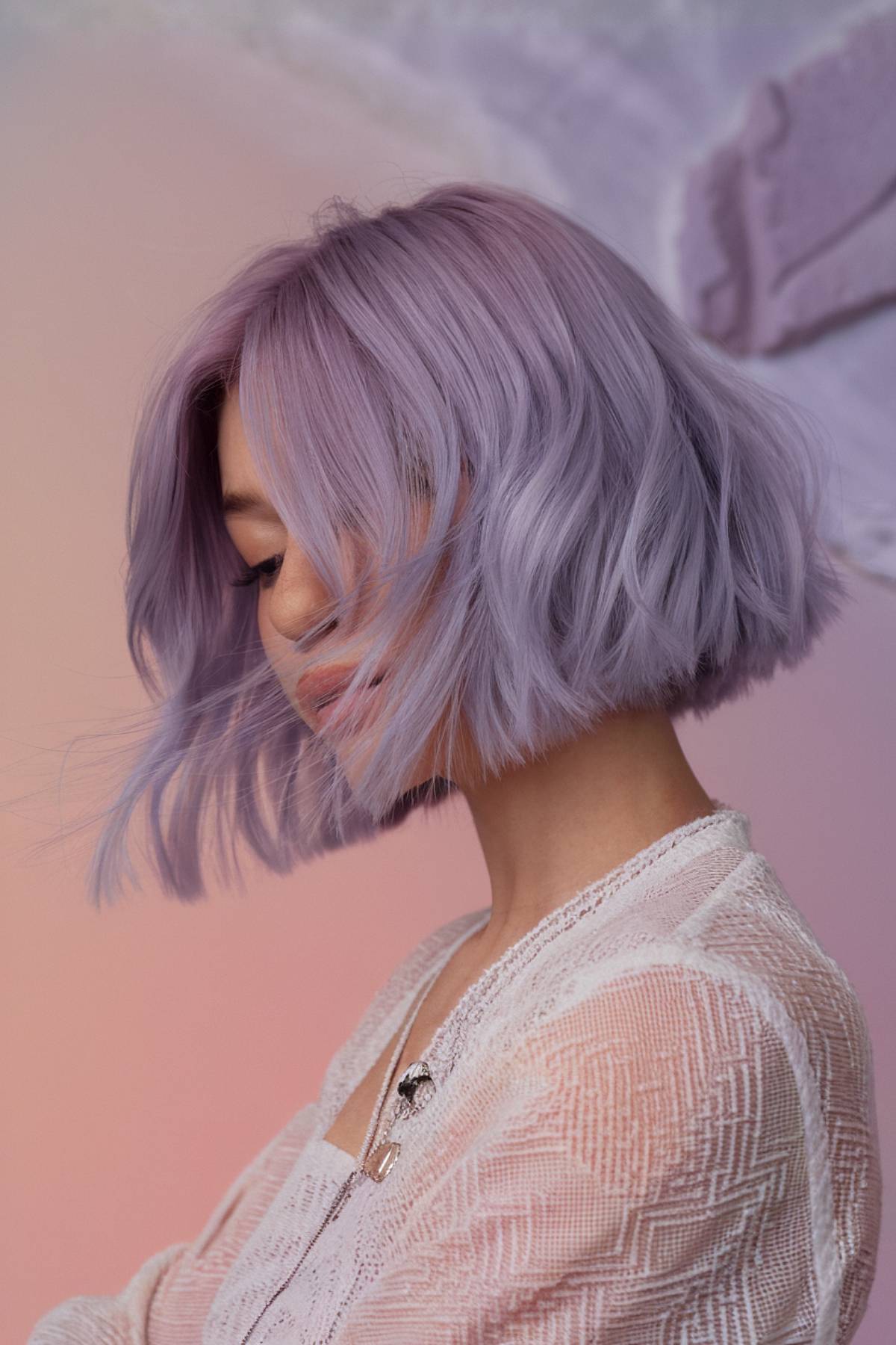 chalcedony chic bob lilac peach hair color