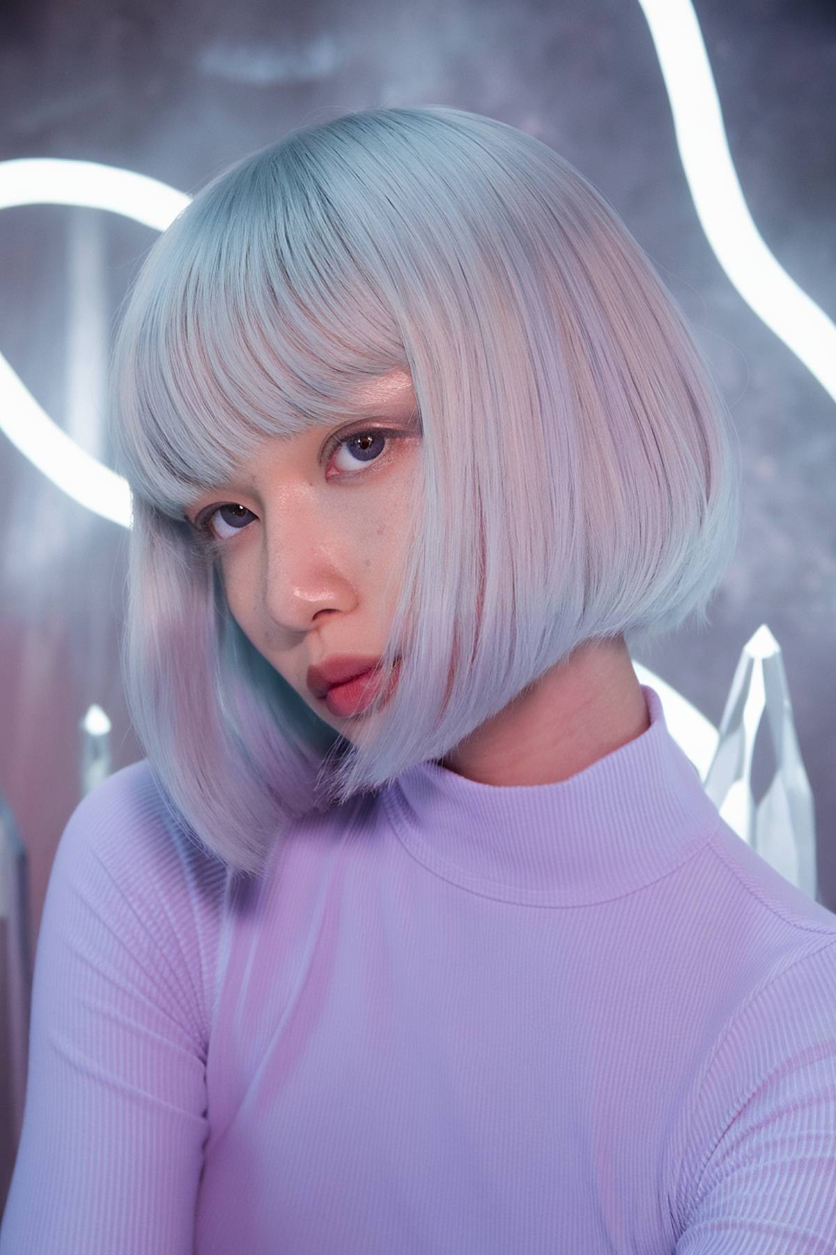 crystal cut bob glassy platinum hair