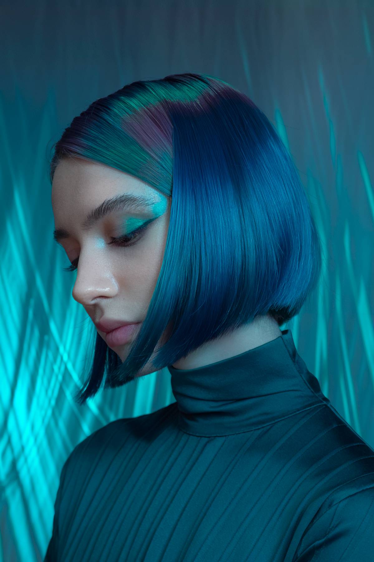 labradorite luxe bob iridescent navy teal hair