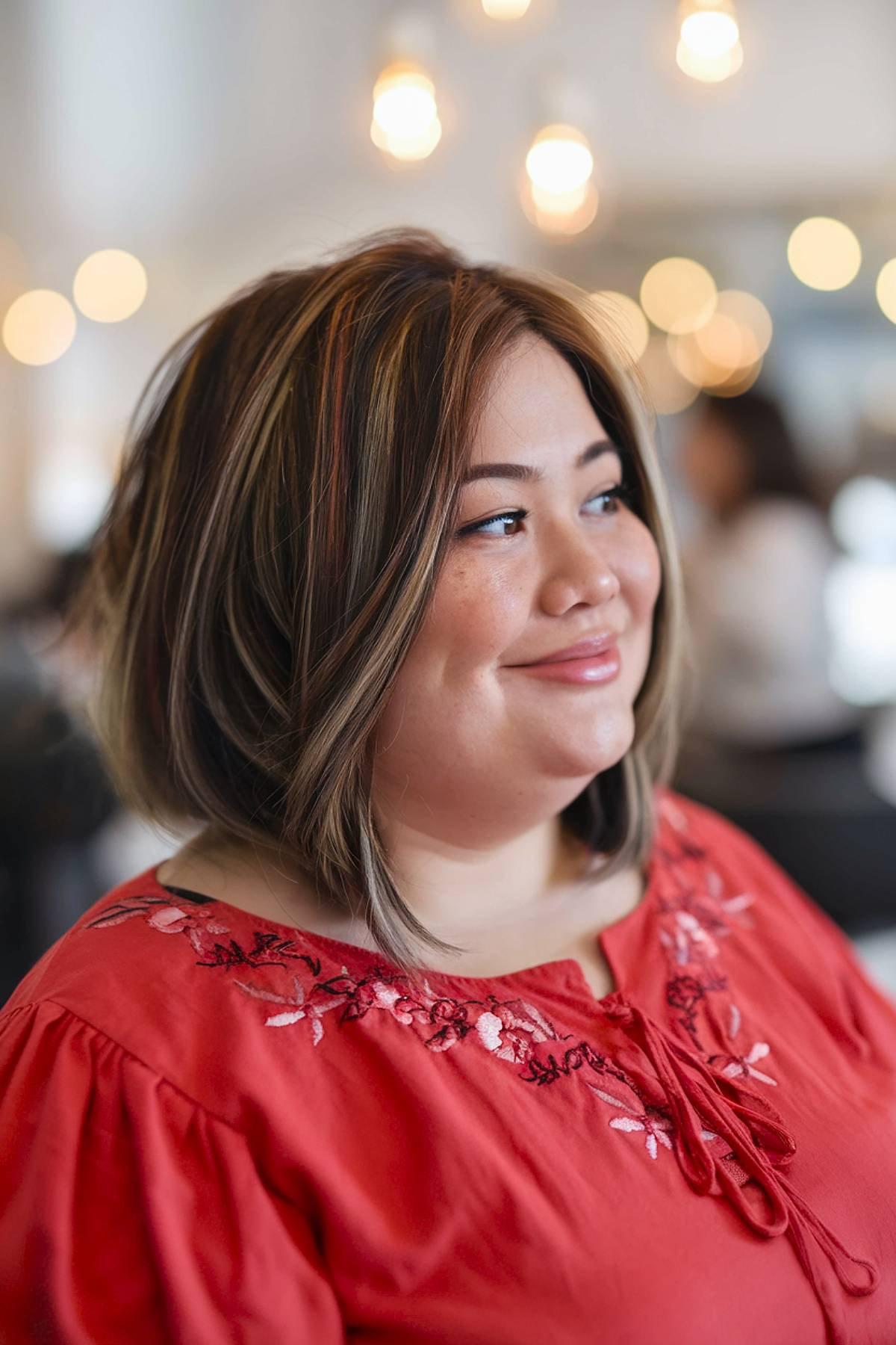 long angled bob layers round face over 40