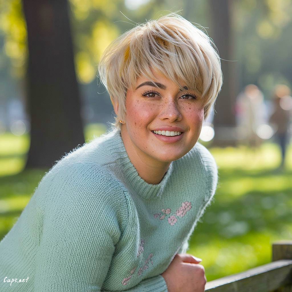 blonde pixie cut round chubby face