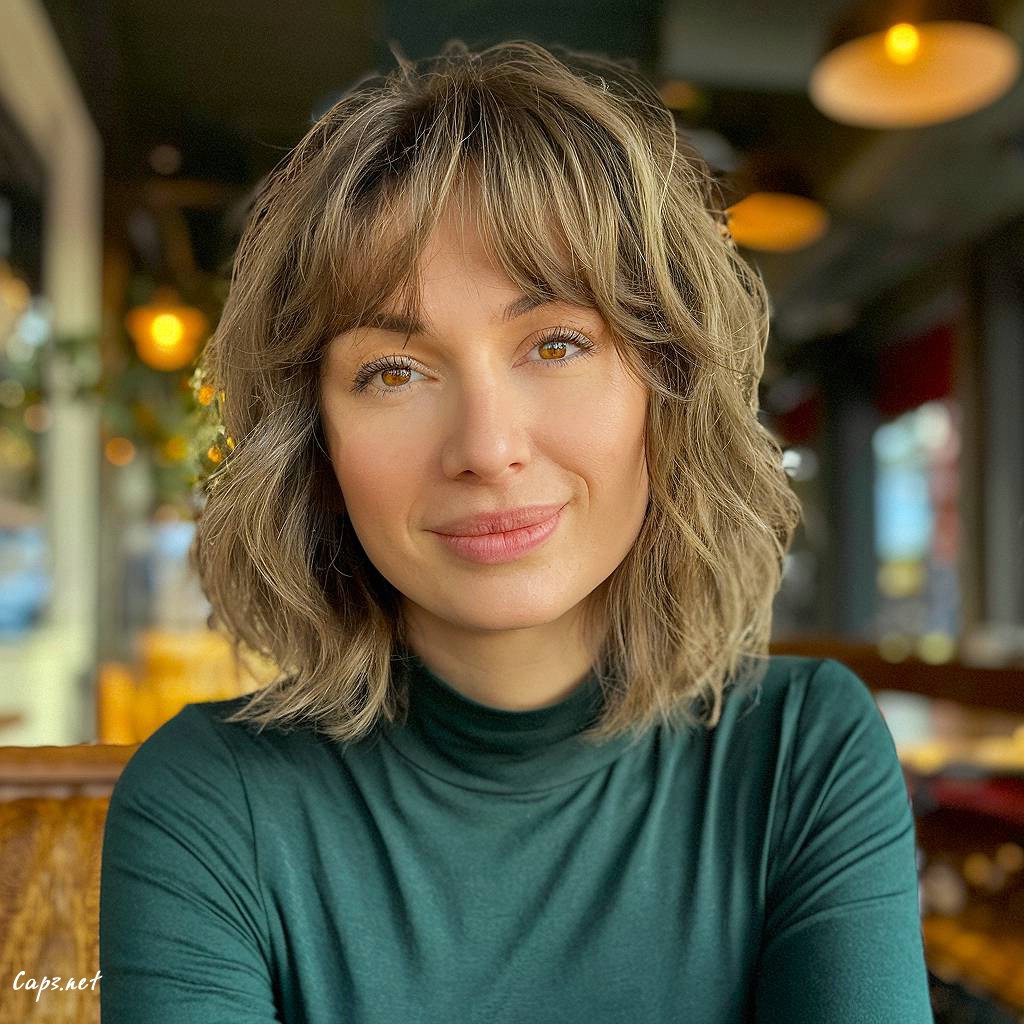 wavy hairstyle with bangs for oval face