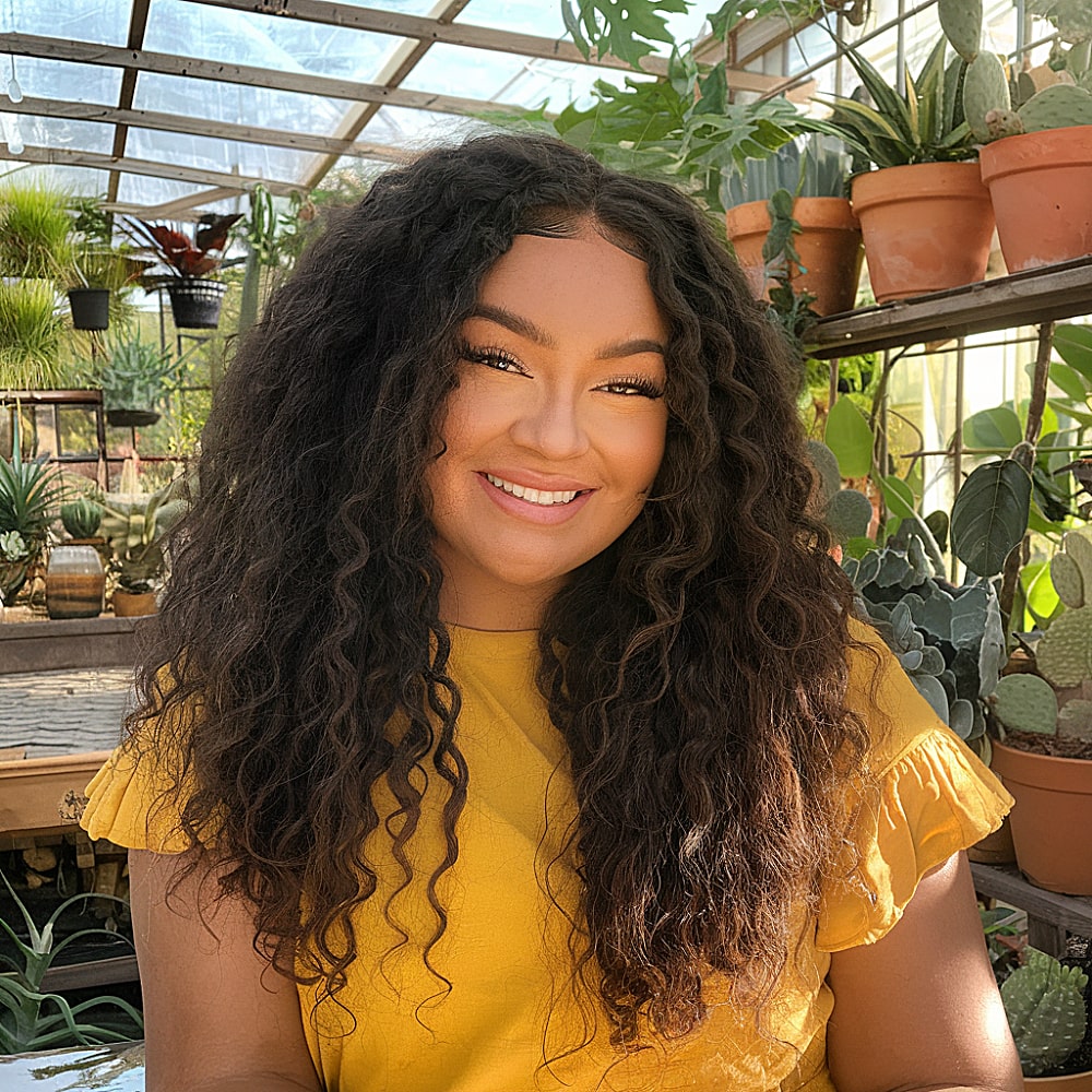 long layered curly hair face framing round face